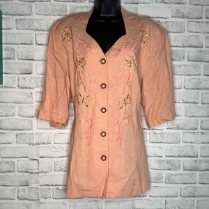 Vintage Paradise 26 Linen Embroidered Top Button Up Size 22